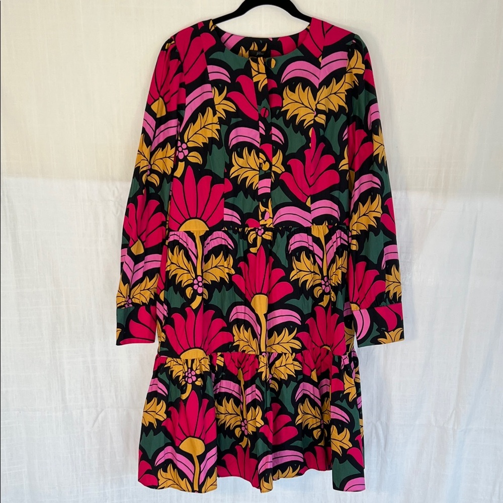 J. Crew Bold Floral Long-Sleeve Shift Dress in Pink, Gold & Green NWT